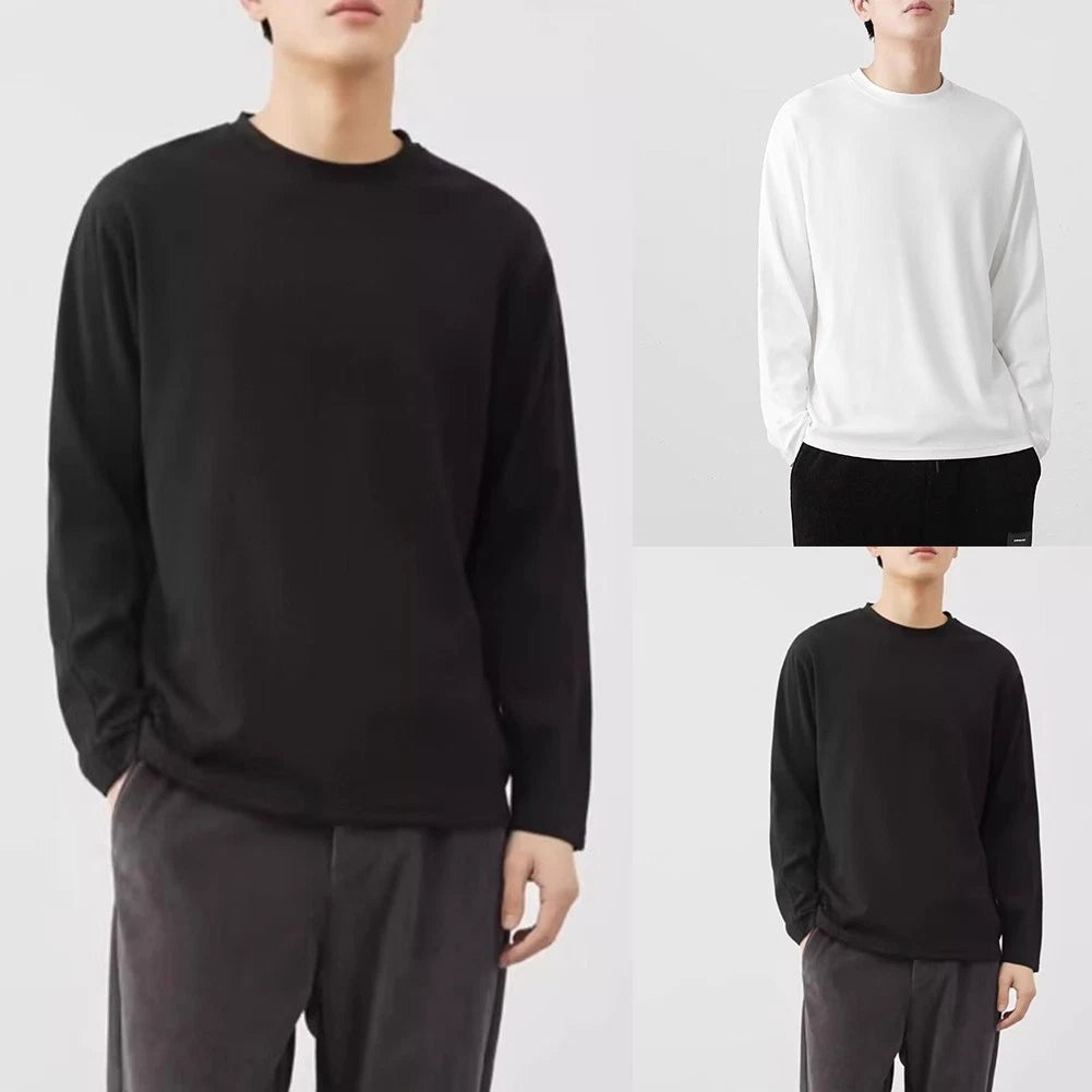 Casual Men Solid Cotton Long Sleeve TShirt Loose Fit Comfortable Basic Top