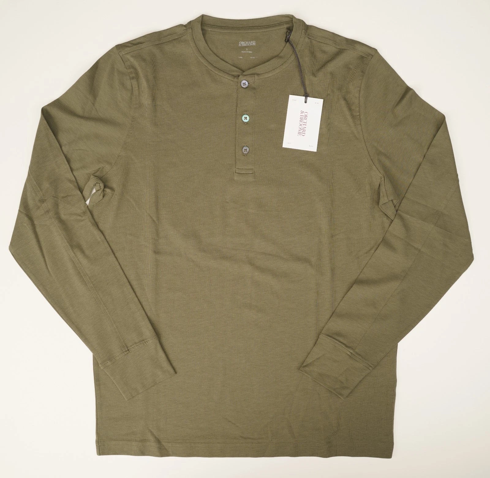 ORCHARD & BOONE Olive Henley Shirt Regular Fit Stretch Cotton Lightweight S