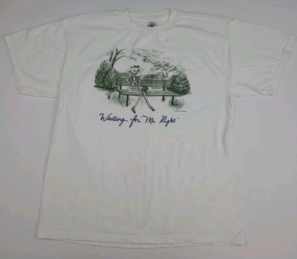 Vintage Waiting For Mr Right Skeleton Lady Funny Art Print T Shirt Vtg Y2k 90s