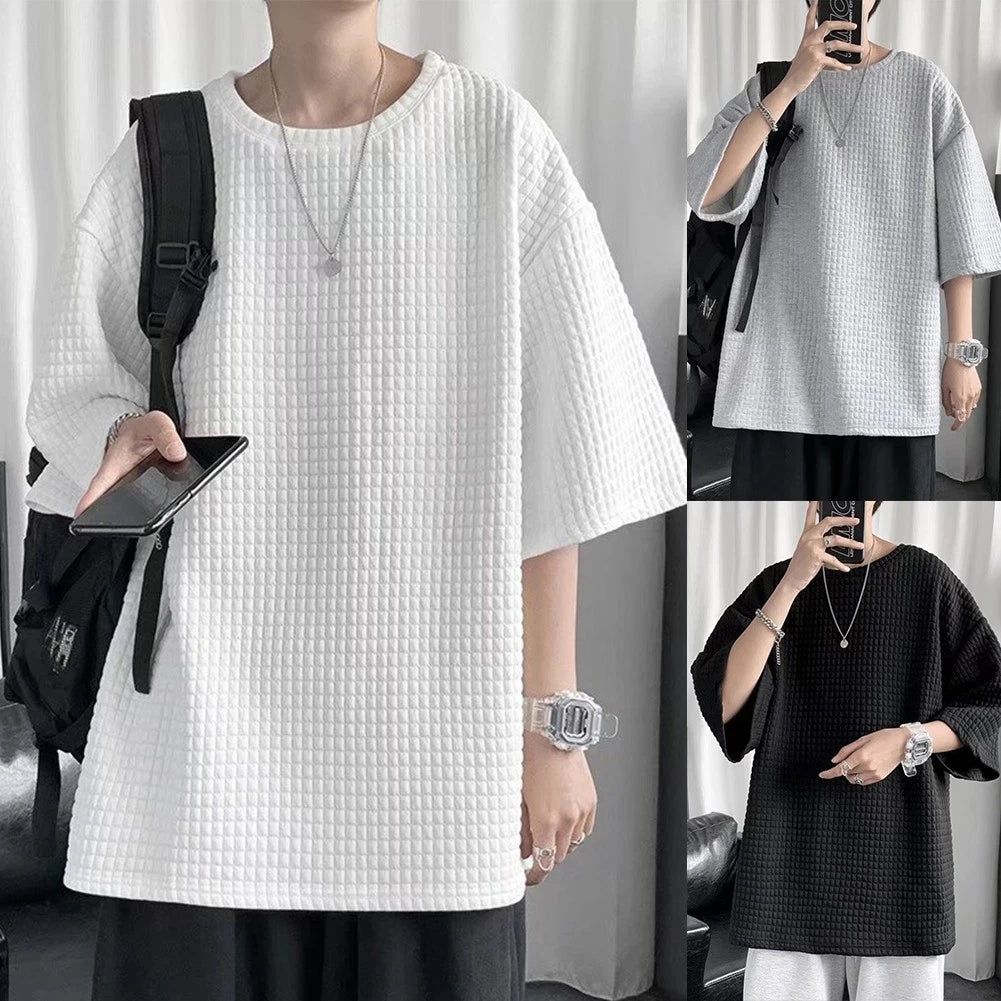 Oversized Korean Style Mens Tshirt Blouse Five quarter Sleeves Top White