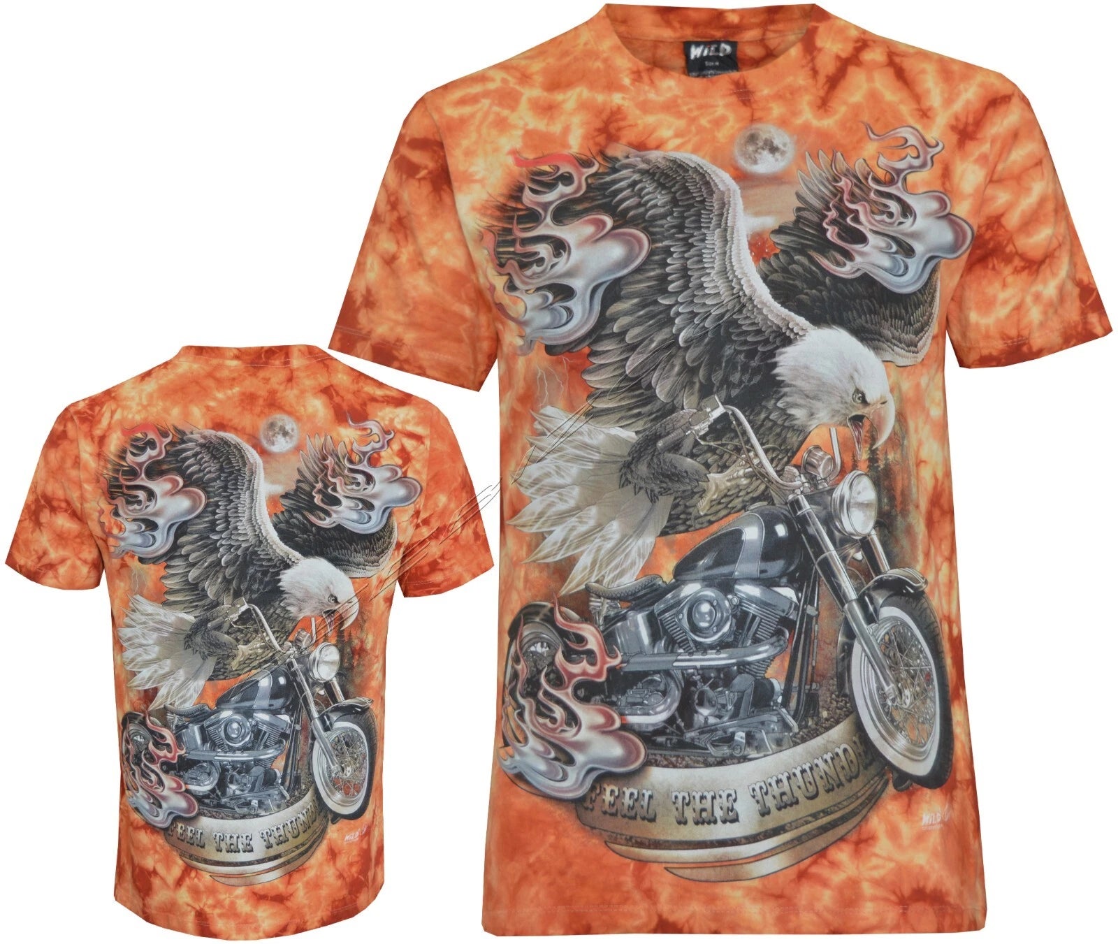 Tie Dye T-Shirt FEEL THE THUNDER Eagle & Vintage Motorcycle Glow in Dark by Wild
