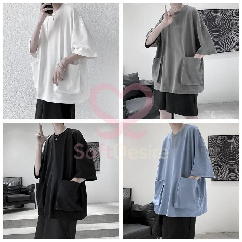 Men Big Pocket T Shirt Loose Oversized Raglan Half Sleeve Tee Tops Harajuku