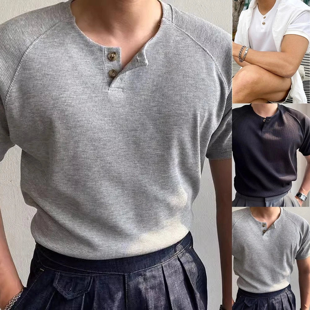 Ribbed Stretch Top Men V Neck T-shirt Regular Length Short Sleeve V Neck