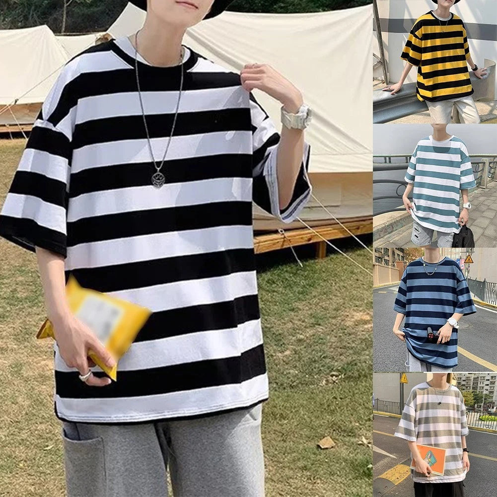 Striped Loose Fit Men Short Sleeve Sweatshirt Round Neck Streetwear Tee