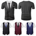 Men T-Shirt Casual Short Sleeve Fake 3D Tuxedo Print Suit Vest Tie Printed AU