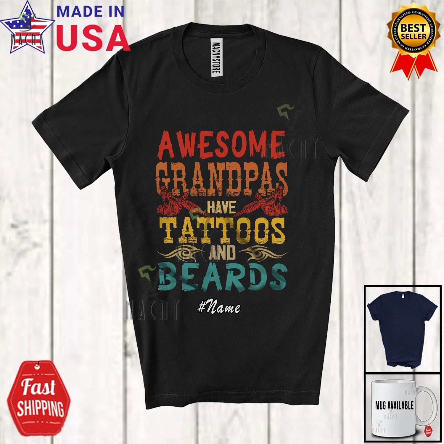 Custom Name Awesome Grandpas Have Tattoos Beards; Father's Day Vintage T-Shirt