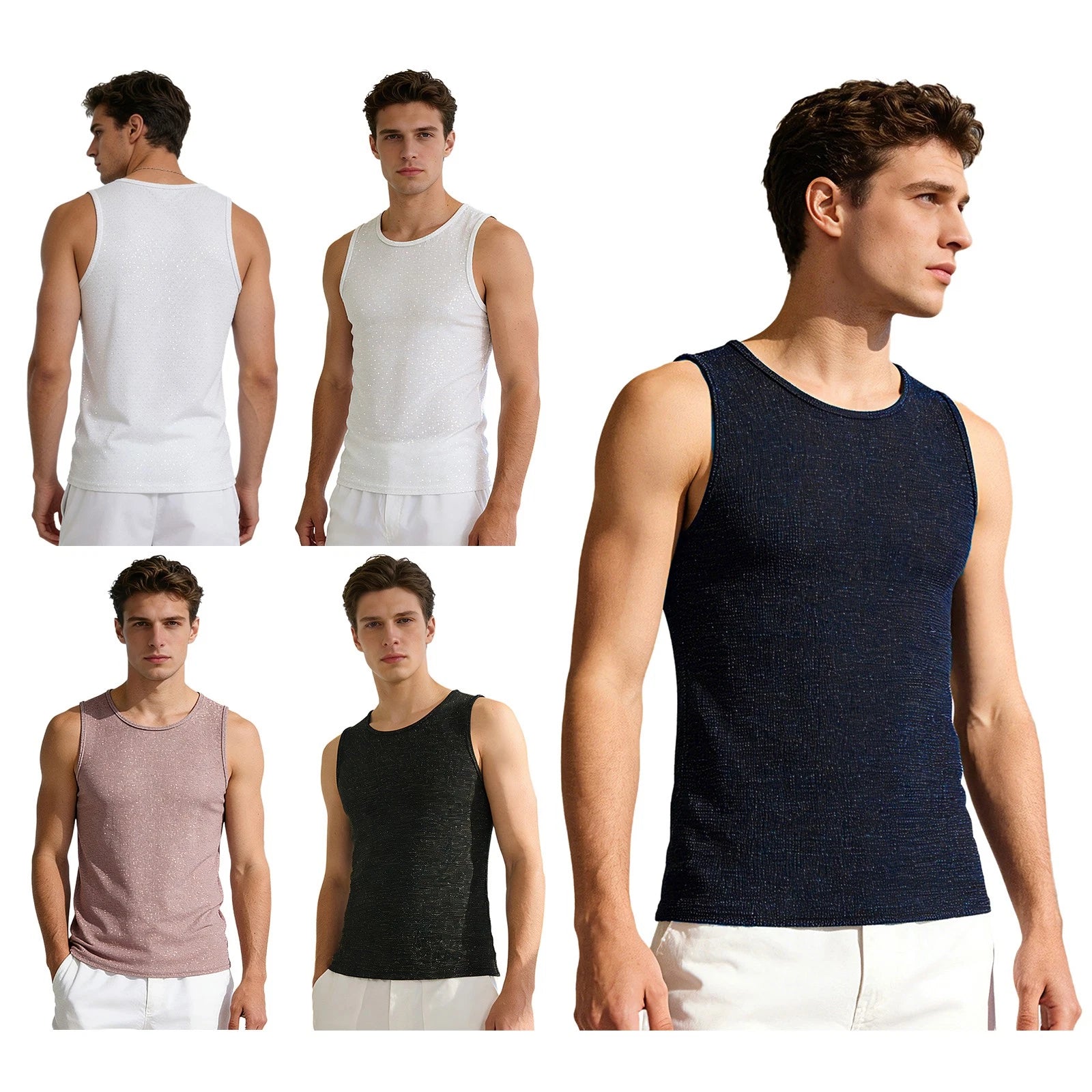 Men Tank Top Fashionable Vest Metallic Sleeveless Trendy Shimmery Beach Party