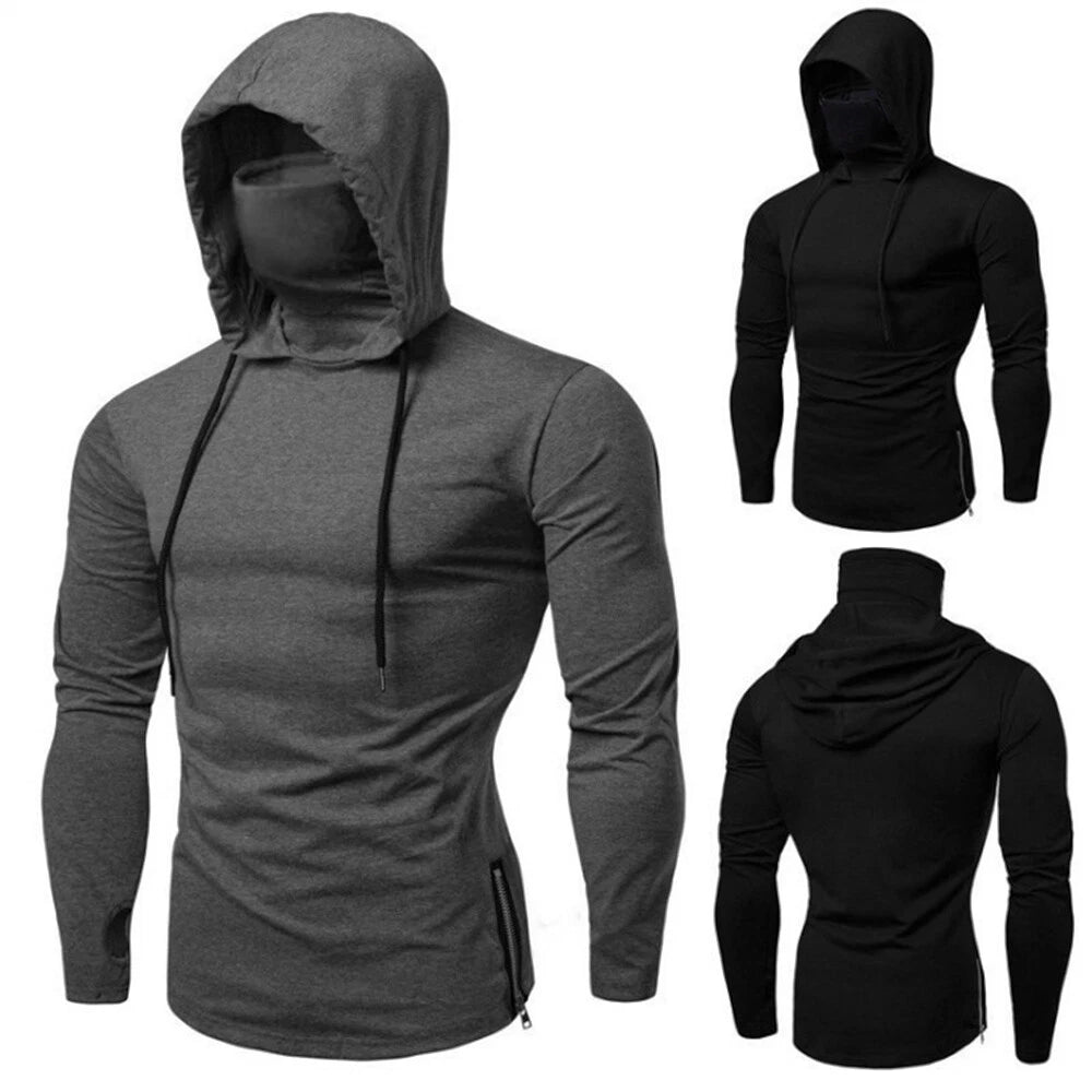 Mens Long Sleeve Hooded T-Shirt Fitness High Neck Stretch Shirt Hooded