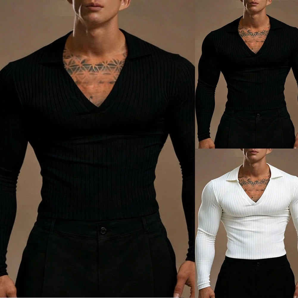 Long Sleeve Men's V Neck Pullover Top in Stripe Pattern for Everyday Wear