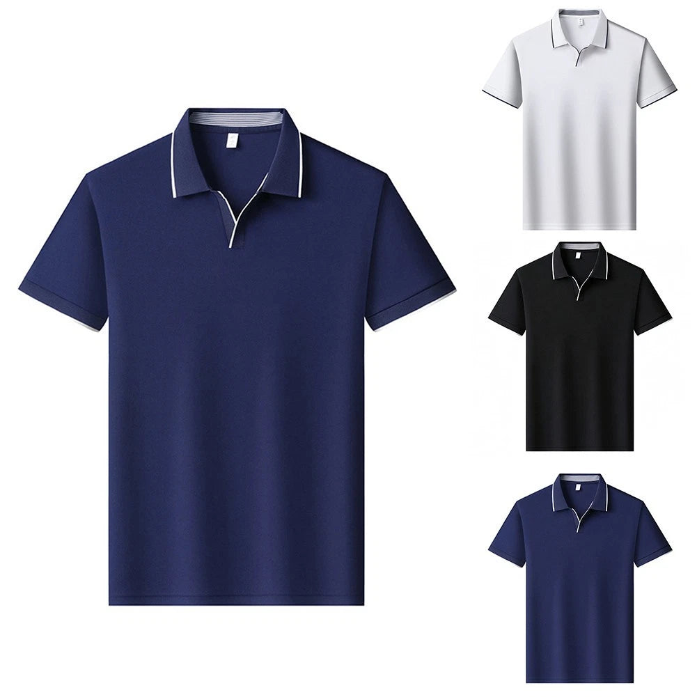 Men Contrast Trim Short Sleeve V Neck Lapel T Shirt for Business Work Top