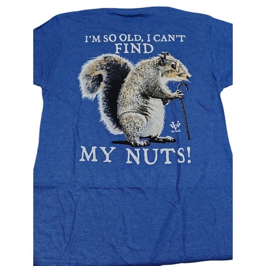 Funny Squirrel Nuts T-Shirt I'm So Old I Can't Find My Nuts Blue Mens Medium