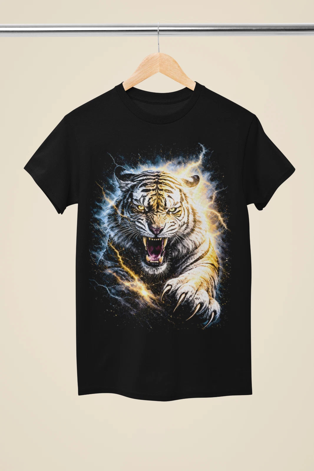 Roaring Tiger Lightning Electric Storm Big Cat Unisex Black T-Shirt