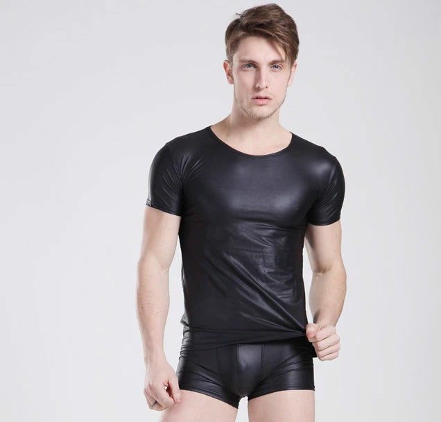 Mens Sexy Leather Look Tight Fitting T Shirt Top - S M L XL - Brand New
