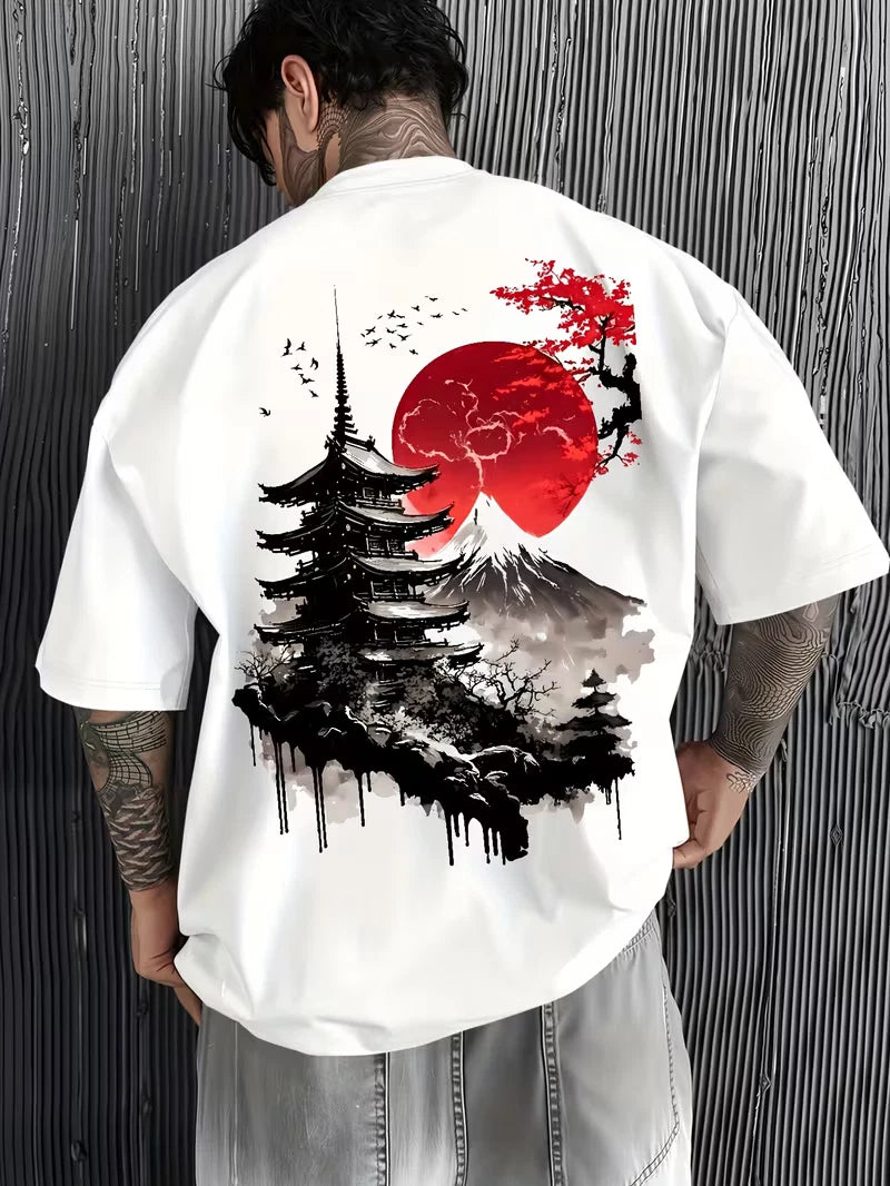 Men's Nature Mountain Sunset Graphic T-Shirt Flying Birds Casual Summer Tee