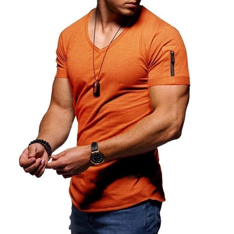 Men's T-shirt V-neck Solid Color Short-sleeved Zipper Casual Bottoming Shirt Top