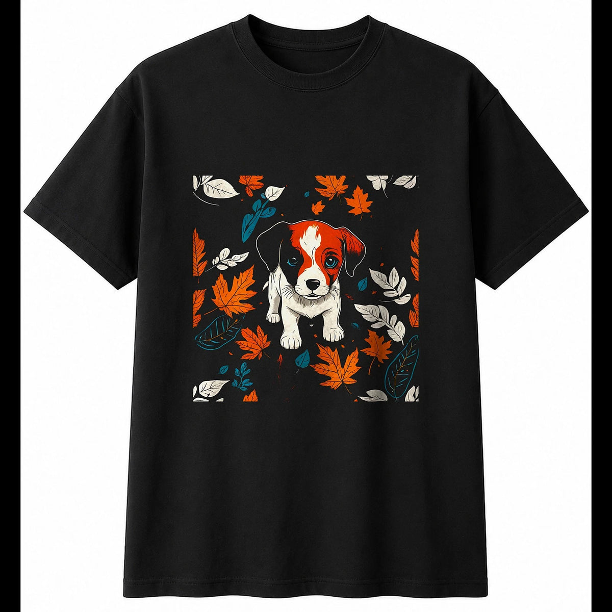 Graphic Puppy in Autumn Dog Cute Mens T-Shirt Black 100% Cotton Kawaii Adults