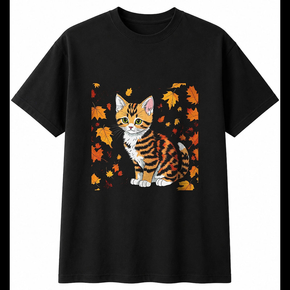 Graphic Kitten in Autumn Cat Mens T-Shirt Black 100% Cotton Kawaii Birthday