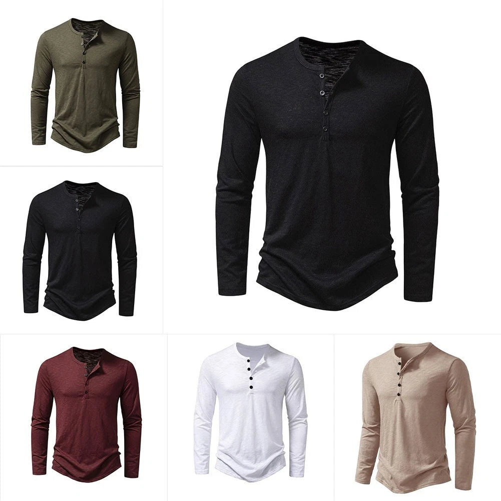 Men's Solid Color Long Sleeve For Henley T Shirt Breathable Button Top