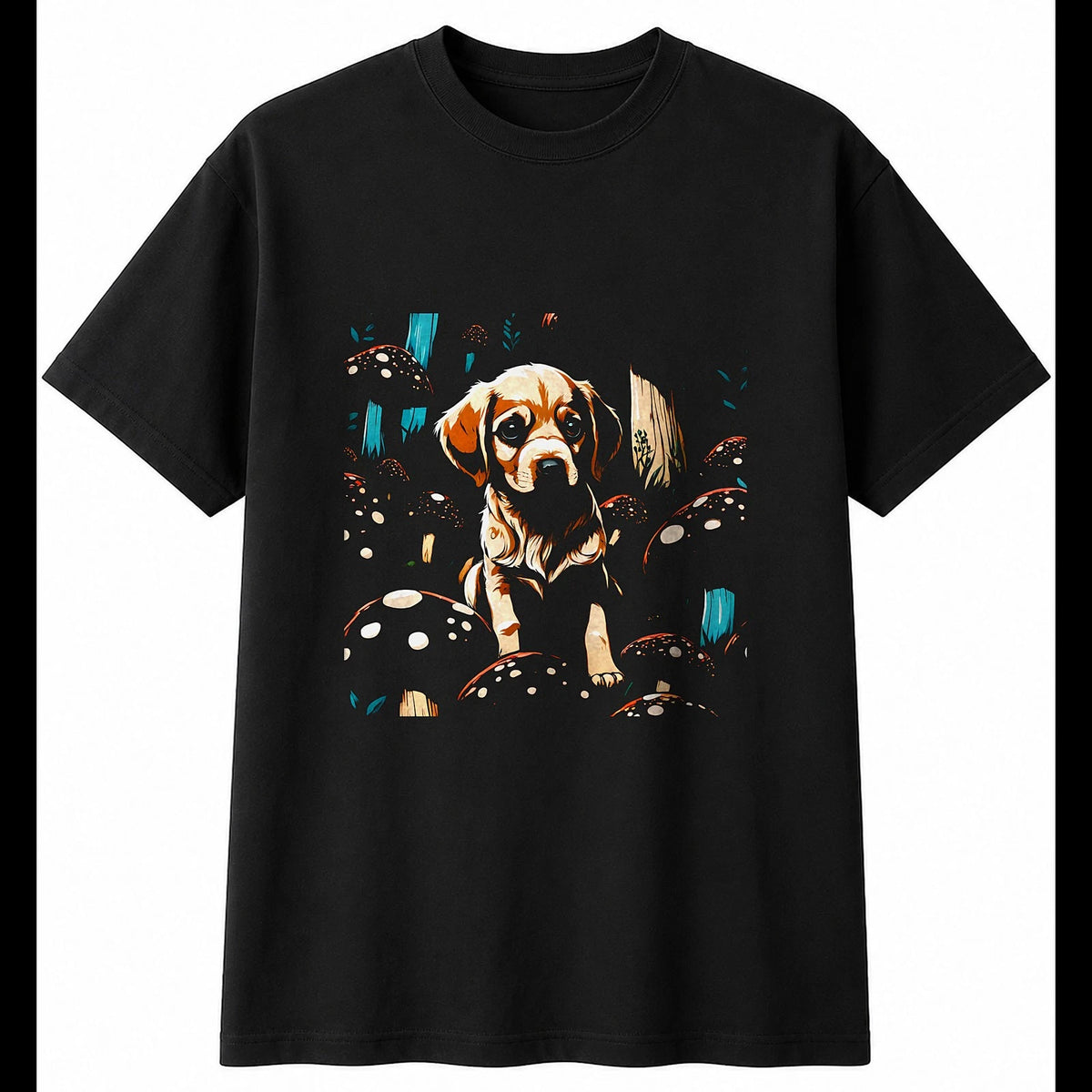 Puppy with Mushrooms Dog Cute Mens T-Shirt Black 100% Cotton Novelty Kawaii