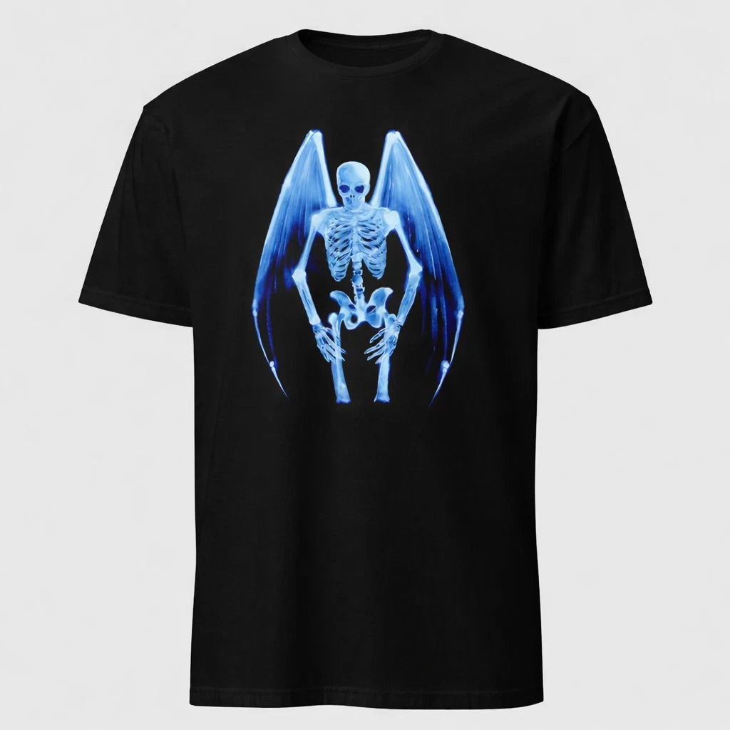 Blue Angel Skeleton Wings Gothic Graphic T-Shirt Dark Aesthetic Tee