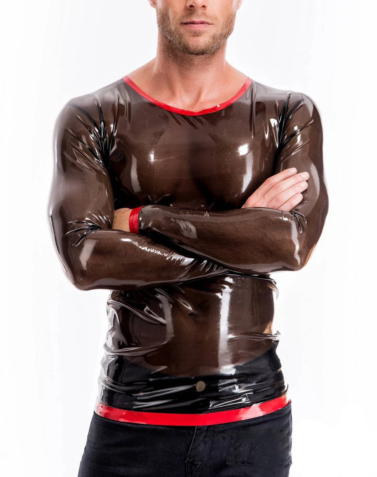 Men latex tops transparent black latex t-shirts red trims long sleeve customized