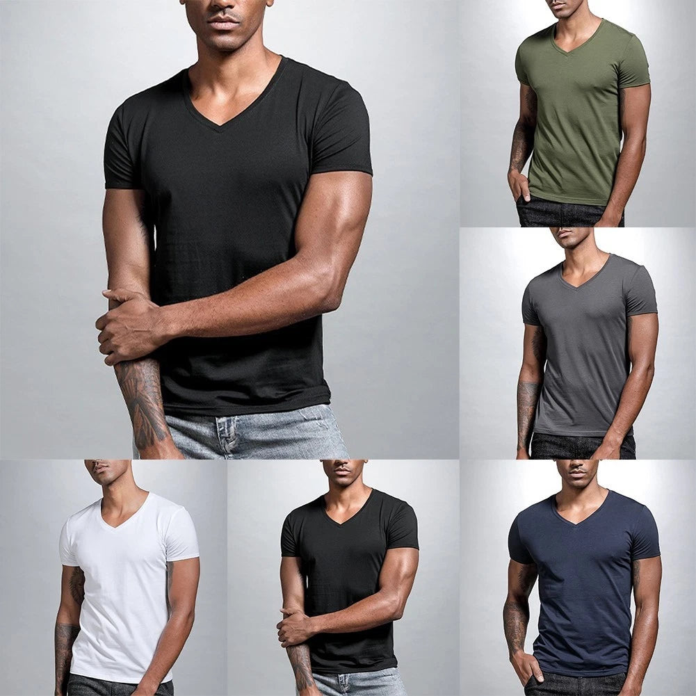 Men's Casual V Neck Tee - Short Sleeve Polyester Top for Summer Fitness