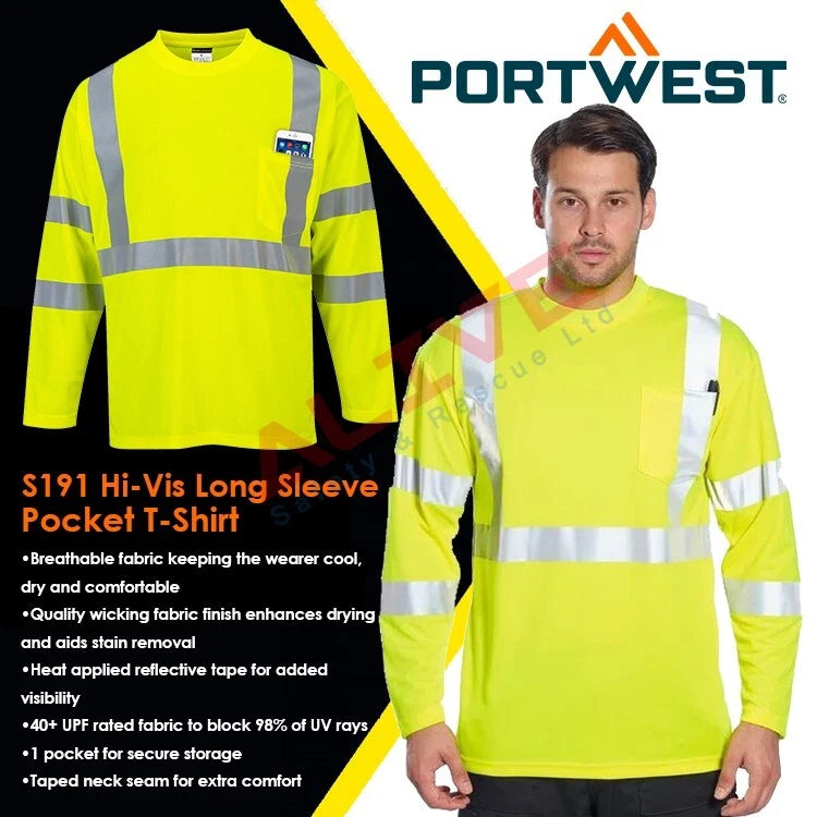 PORTWEST S191 Hi-Vis Long Sleeve Pocket T-Shirt Crew Neck Quick Dry - Yellow