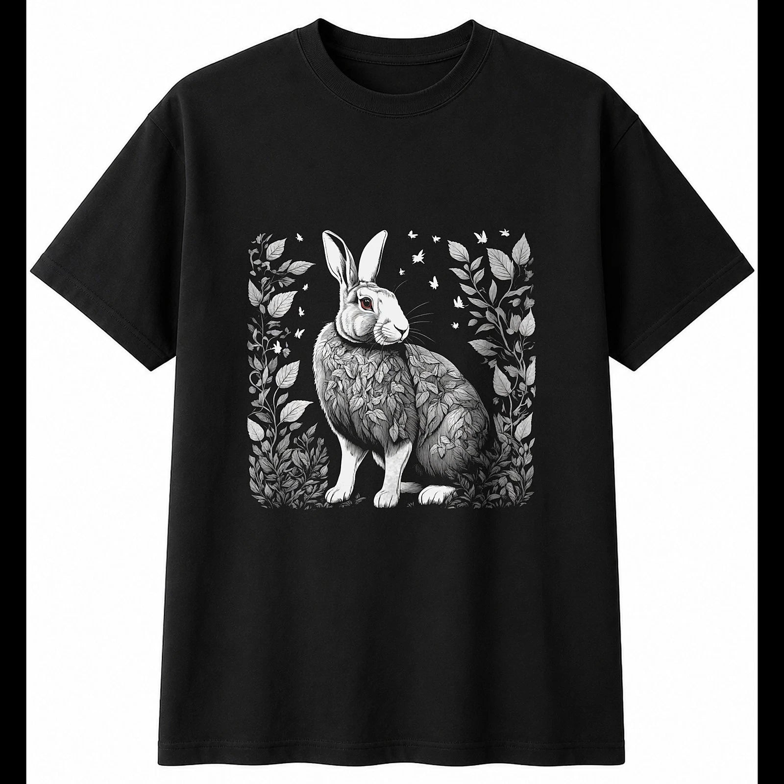 Botanical Flemish Giant Rabbit in Nature Cute Mens T-Shirt Black 100% Cotton