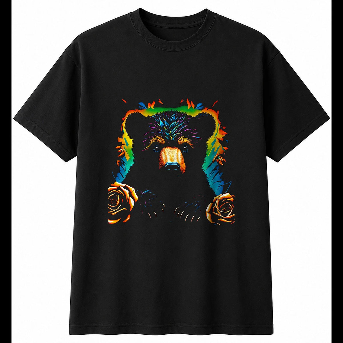 Neon Bear Cub with Roses Cute Mens T-Shirt Black 100% Cotton Unisex Kawaii