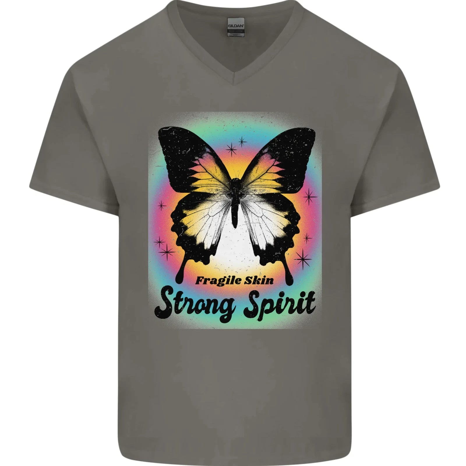 Fragile Skin Strong Spirit Butterfly Mens V-Neck Cotton T-Shirt