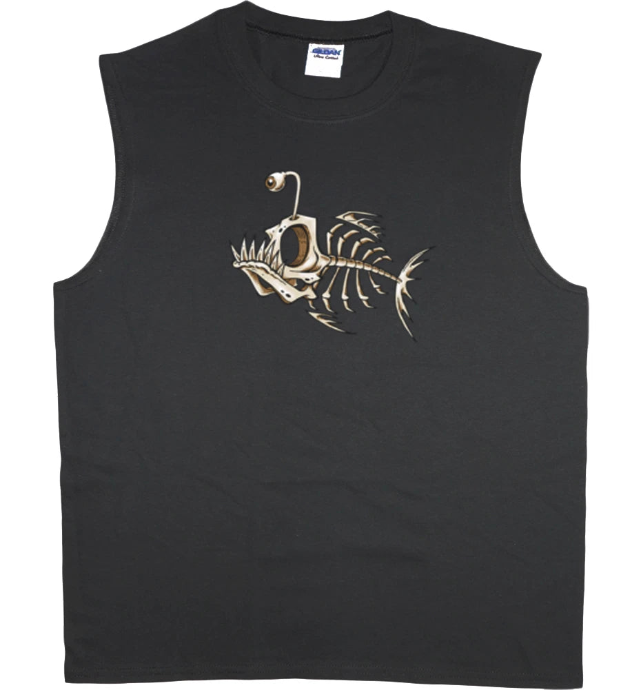 Men's sleeveless shirt fish bones fishing design workout muscle tee tank top