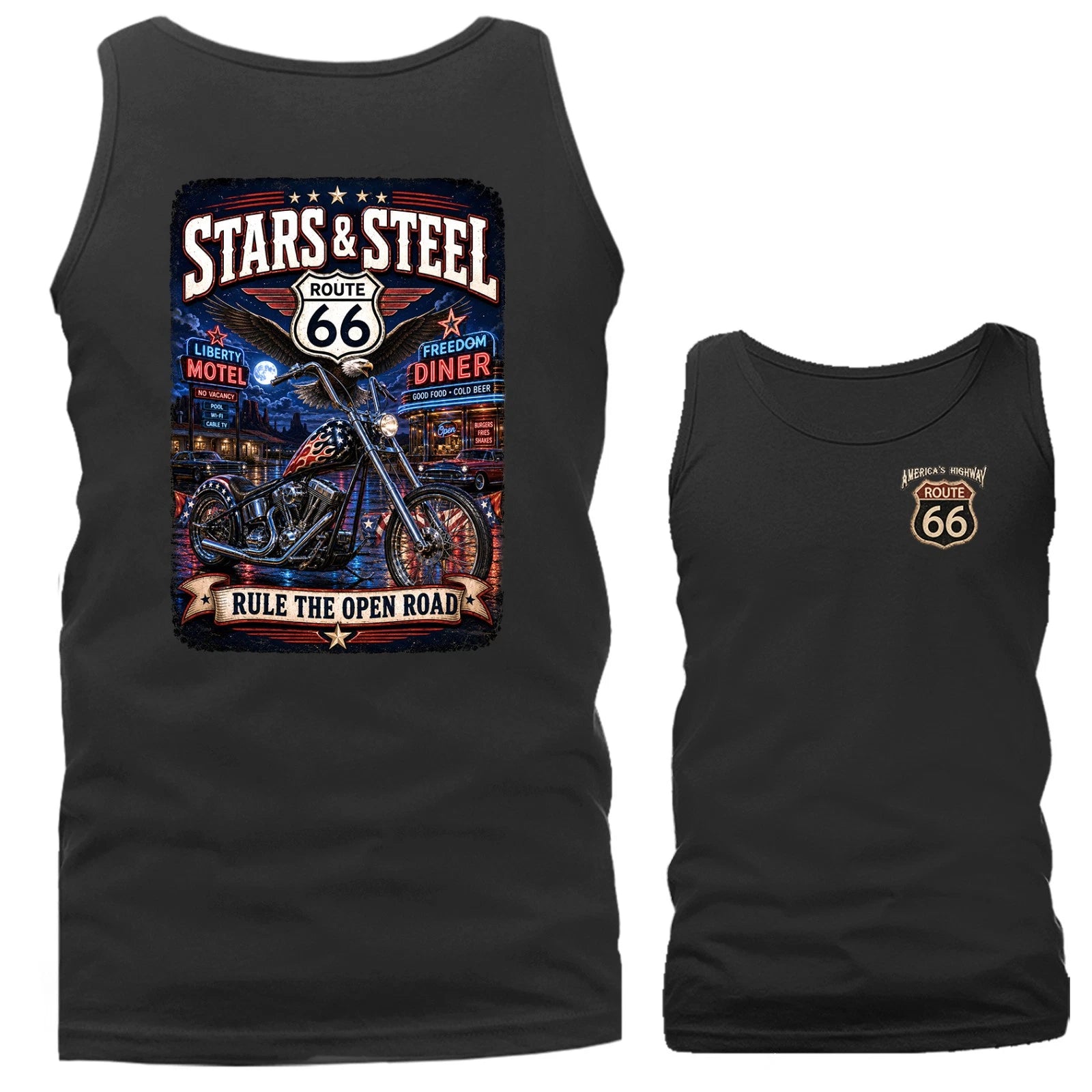 Stars & Steel Route 66 Biker American Flag USA Patriotic Chopper Tank Top
