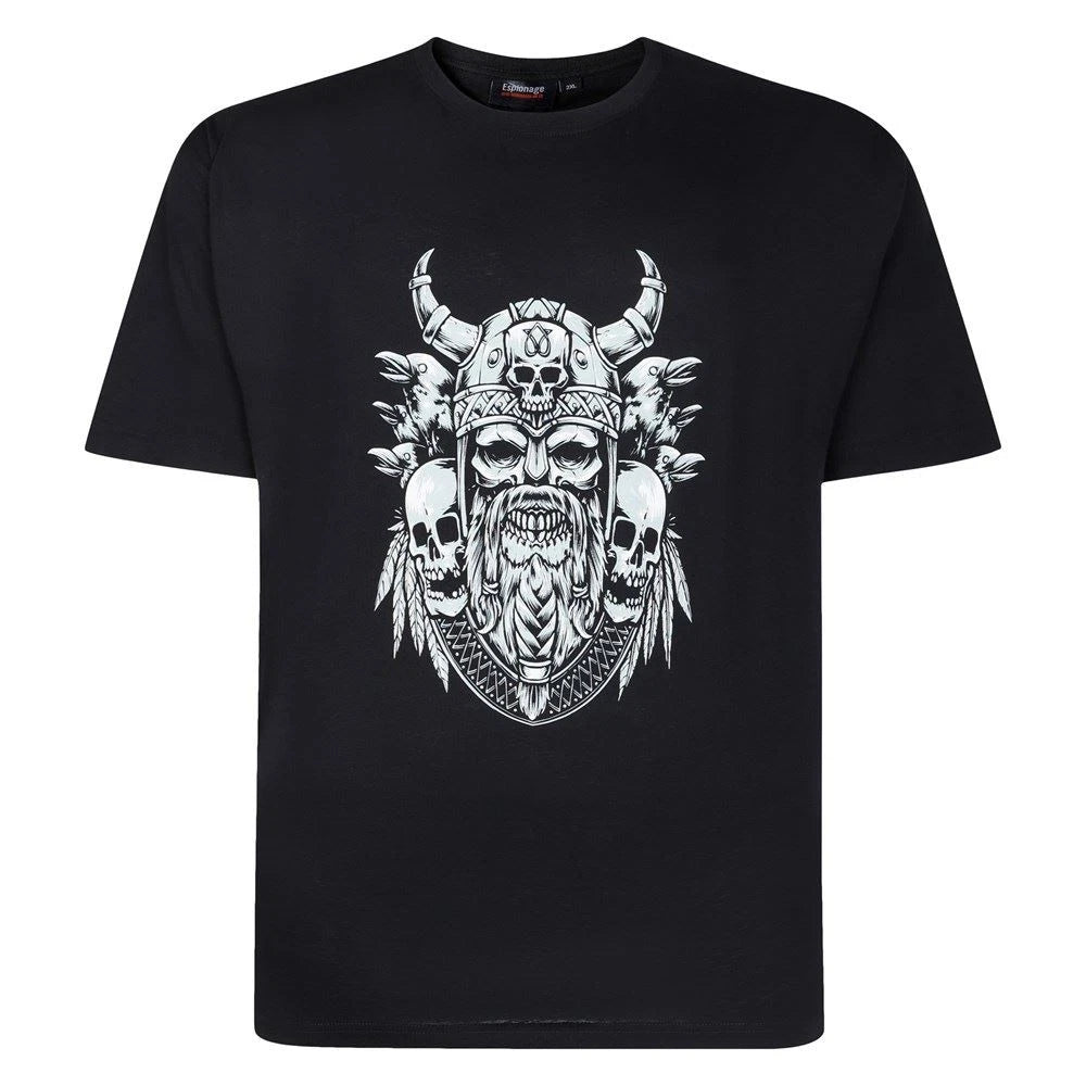 Espionage Viking Skull Print Tee For Men in Black, 2XL-8XL