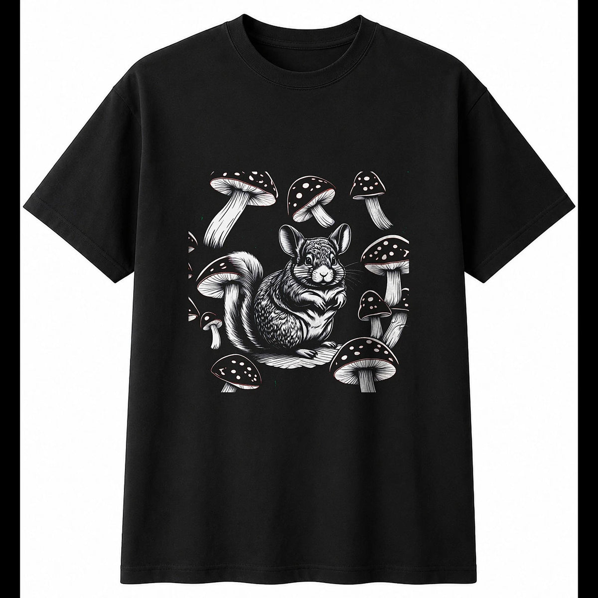 Graphic Chinchilla with Mushrooms Cute Mens T-Shirt Black 100% Cotton Kawaii