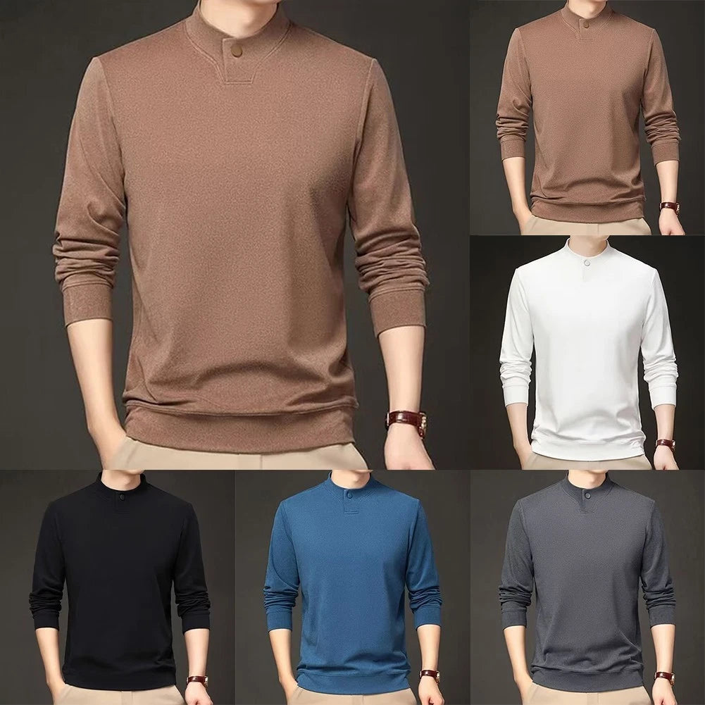 Men Long Sleeve Tee Four Seasons Long Sleeves Stand-up Collar Single Button