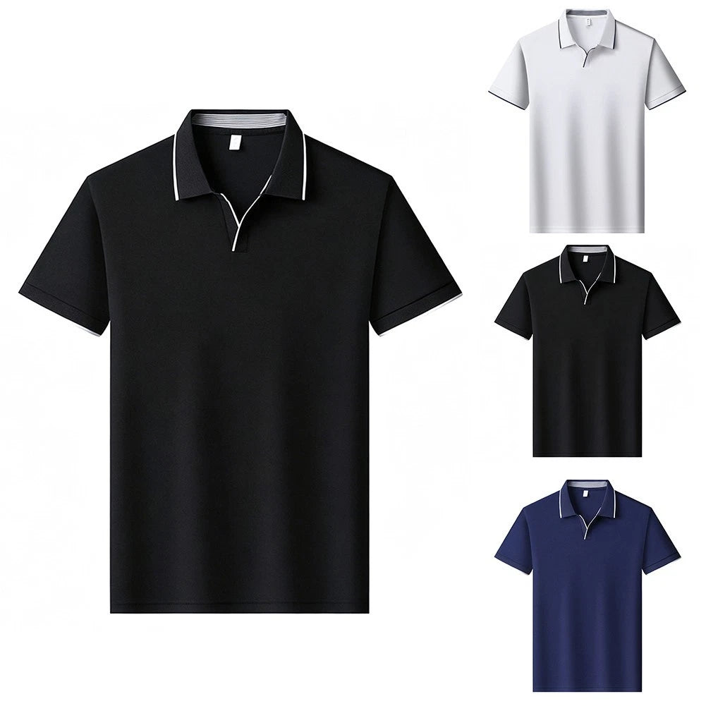 Short Sleeve V Neck Lapel T Shirt for Men Contrast Trim Polyester Spandex Blend