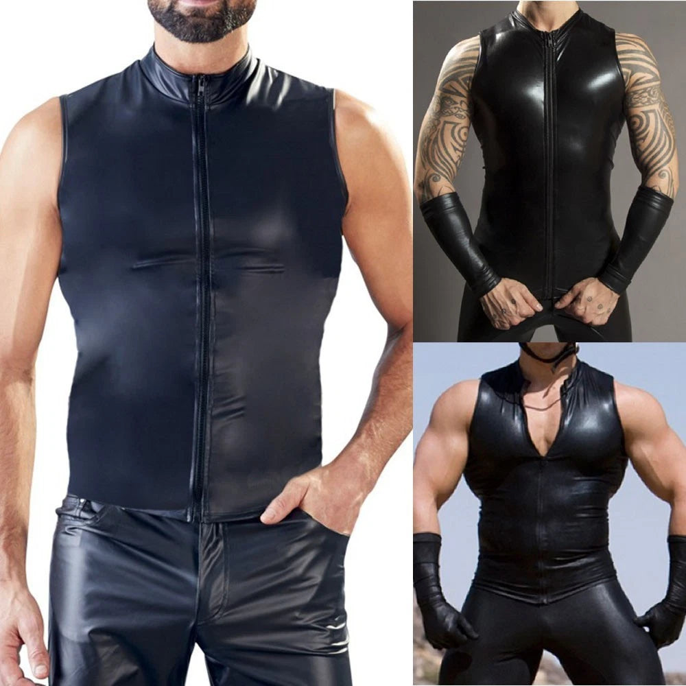 Men's Fashionable Black Shiny PU Leather Sleeveless Zip T shirt for Nightlife