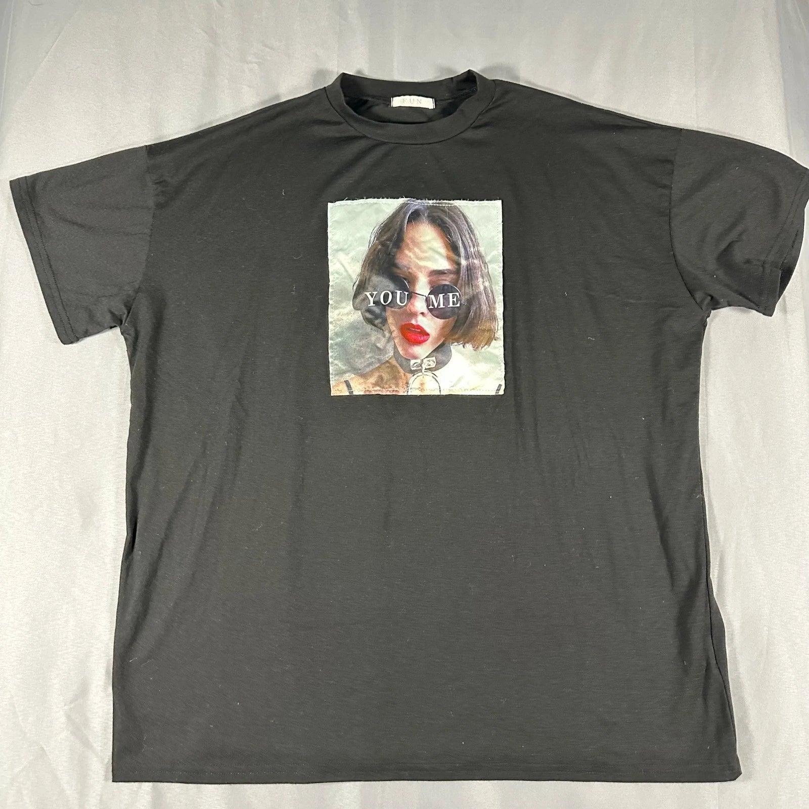 FUN Graphic Patch T Shirt Mens XL No Tag Size Black Oversized Streetwear