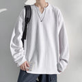 Men Striped Drop Shoulder Long Sleeve T Shirt V Neck Top Tee Blouse Loose Casual
