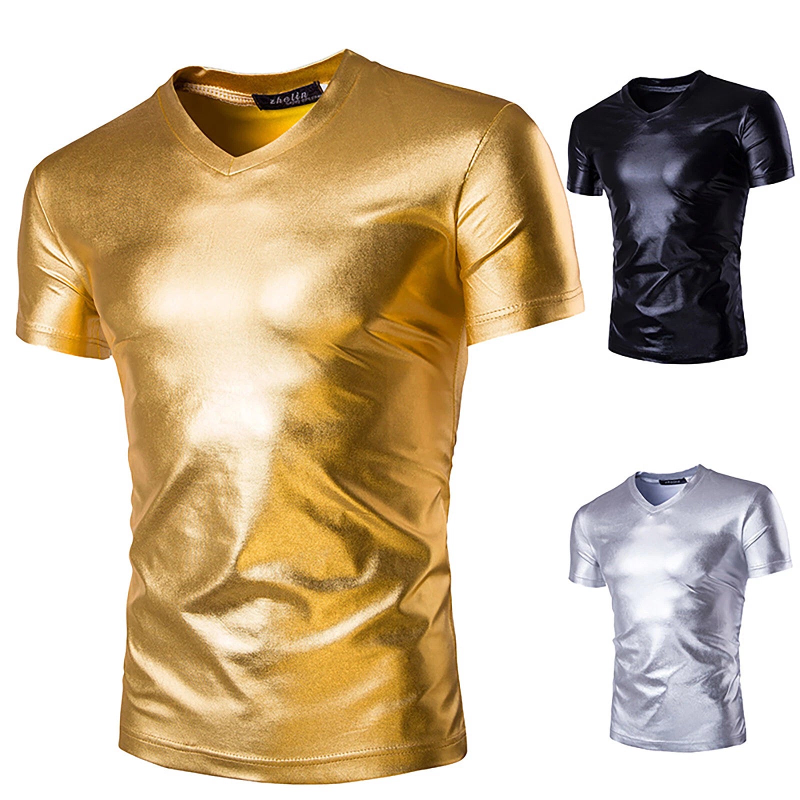 Men's Shiny Metallic V Neck Short Sleeve T-shirt Shirt Slim Fit Tops AU