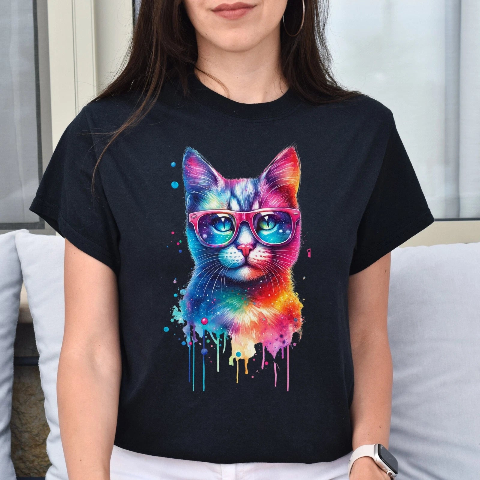 Neon cool cat Color Splash Unisex T-shirt Black Navy Dark Heather