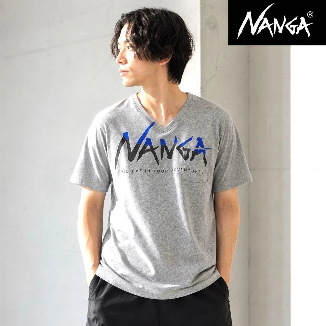 NANGA Graphic T-Shirt V Neck Street Style Tee Gray Size M Front Logo Message