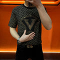 New Men Luxury Diamond V-Letter Rhinestones Fashion Black T-Shirt High Quality
