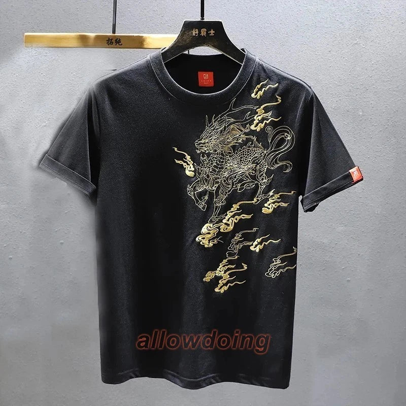 Men's Luxury Golden Dragon Embroidery T-Shirt Casual Fashion Slim Fit Tee Top