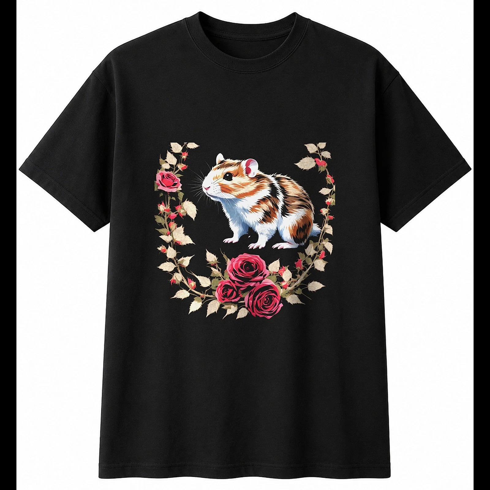Double Exposure Roborovski Hamster with Roses Cute Mens T-Shirt Black Adorable