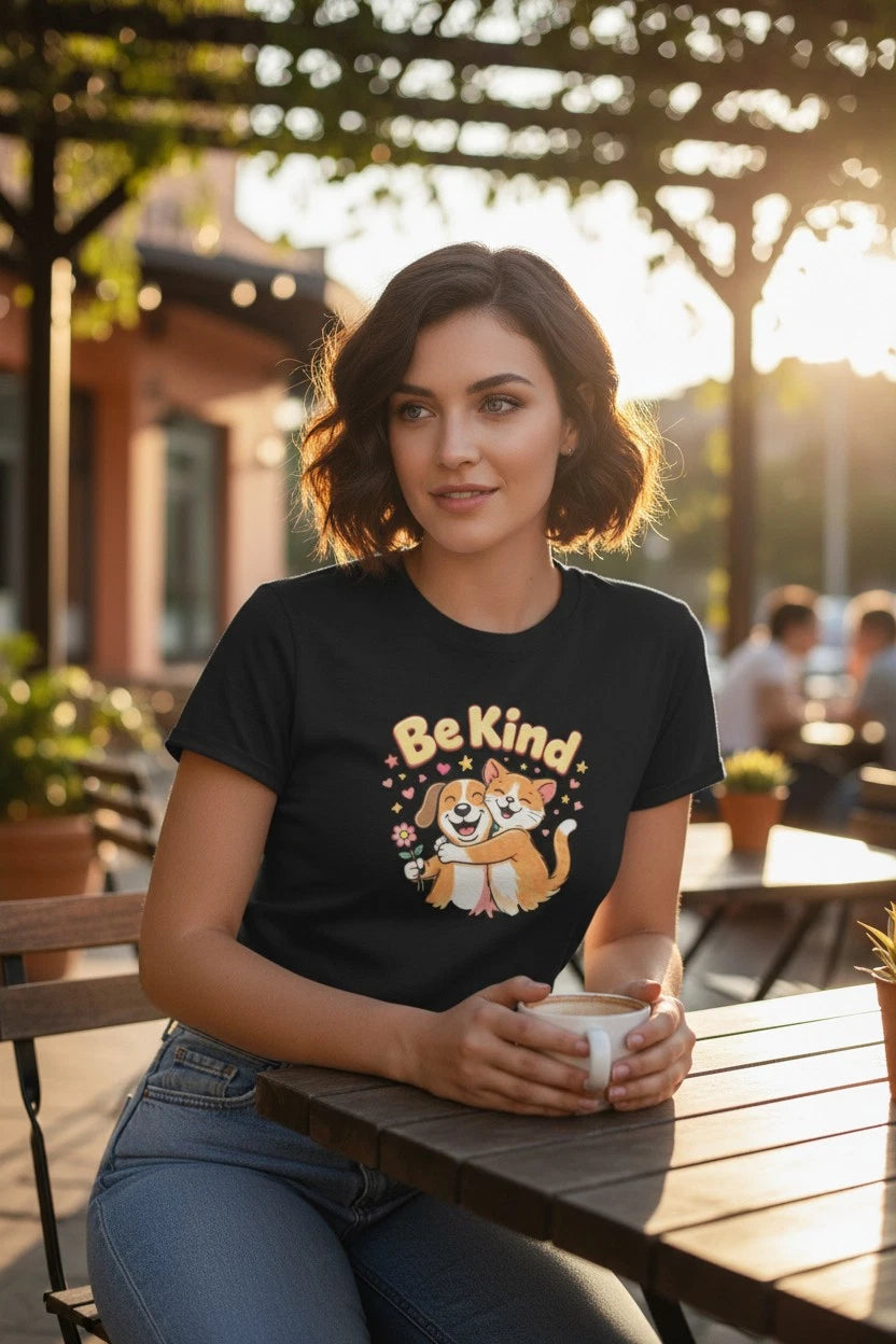 Be Kind Dog and Cat Hug T-Shirt | Cute Animal Illustration