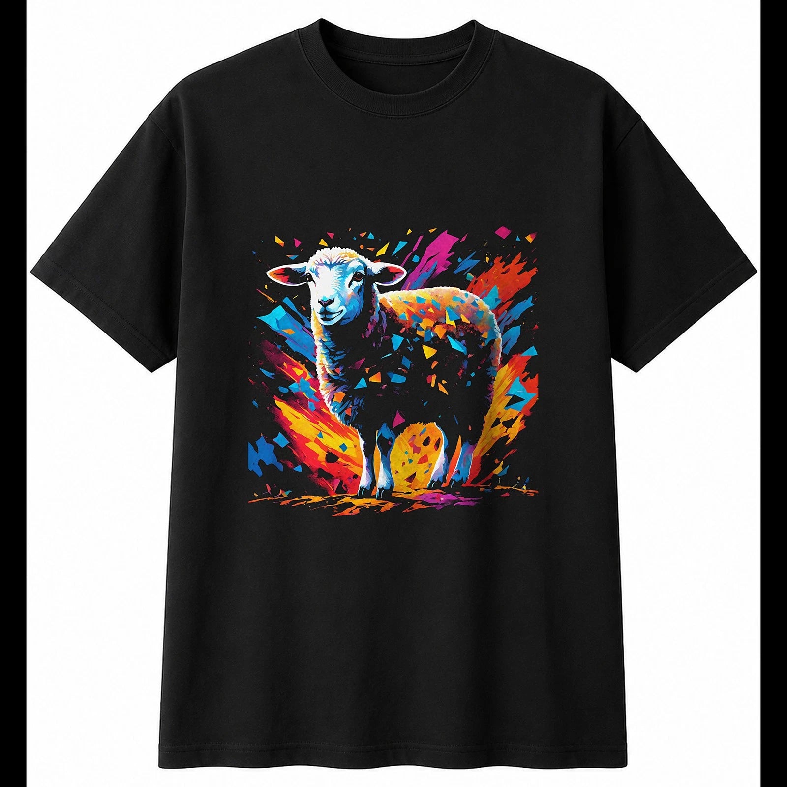 Psychedelic Lamb Shattered Sheep Cute Mens T-Shirt Black 100% Cotton Kawaii Tee