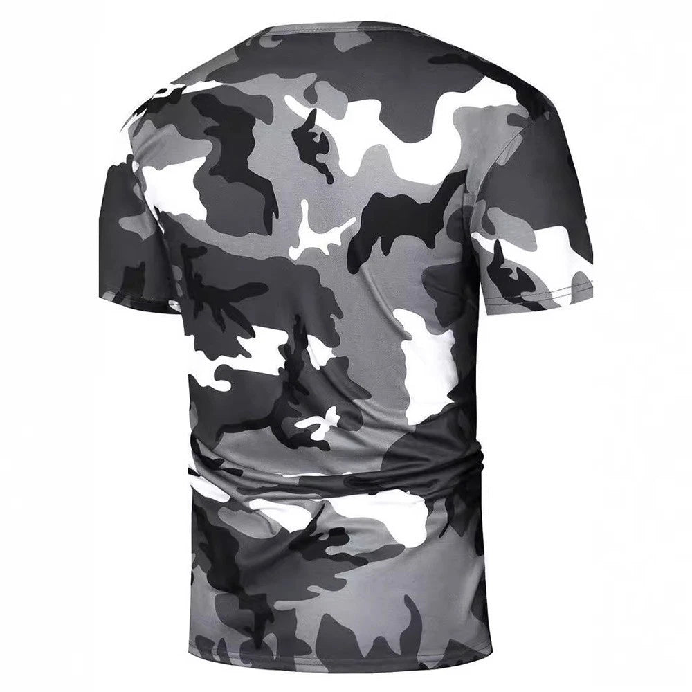 Mens Daily Wear Gray Camouflage Loose Fit Short Sleeve Round Neck T Shirt