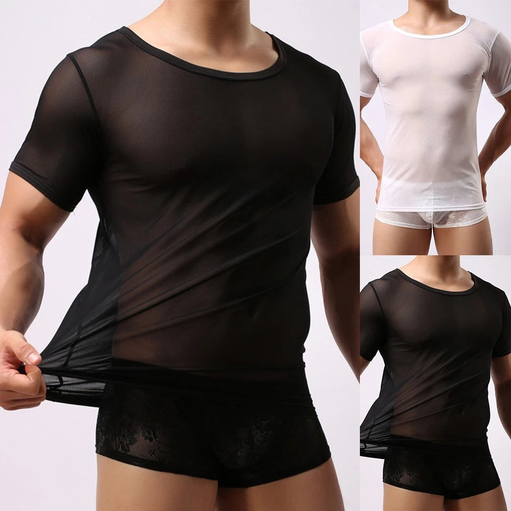 Stylish See Through Muscle Top For Men Fishnet T Shirt Short Sleeve Clubwear