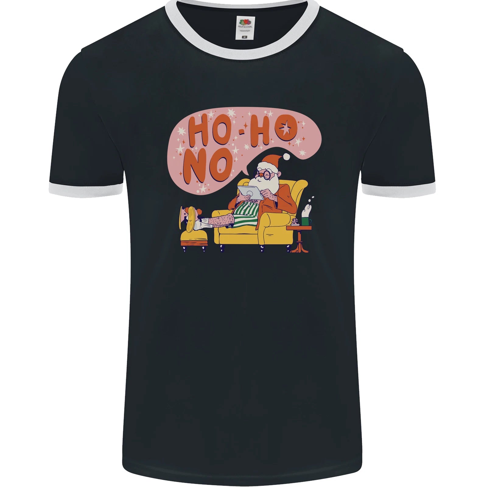 HO HO No Funny Lazy Christmas Bah Humbug Xmas Mens Ringer T-Shirt FotL